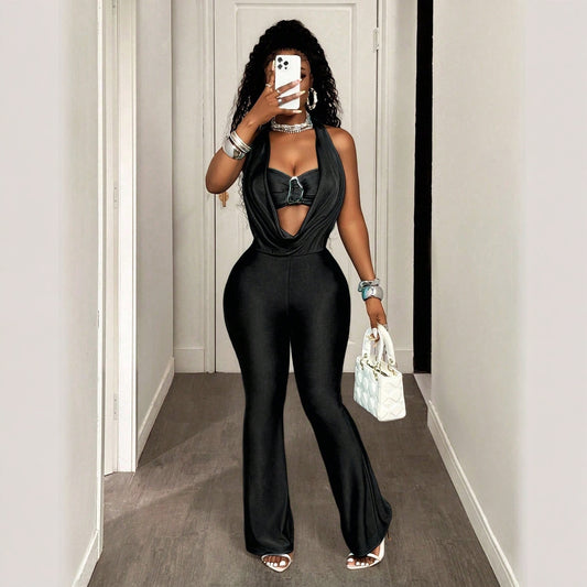 Women's Fashion Solid-Color High-Waist Sleeveless Halter Jumpsuit