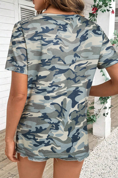 Women's Casual Loose-fit Crew-neck Camouflage Sports Short-sleeve