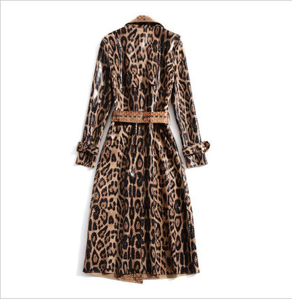 Long-sleeved Leopard Print Shiny Suede Fashion Lace-up Trench Coat