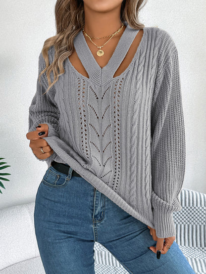Women Casual Hollow Out V-Neck Cable Knit Lantern Sleeve Pullover Sweater