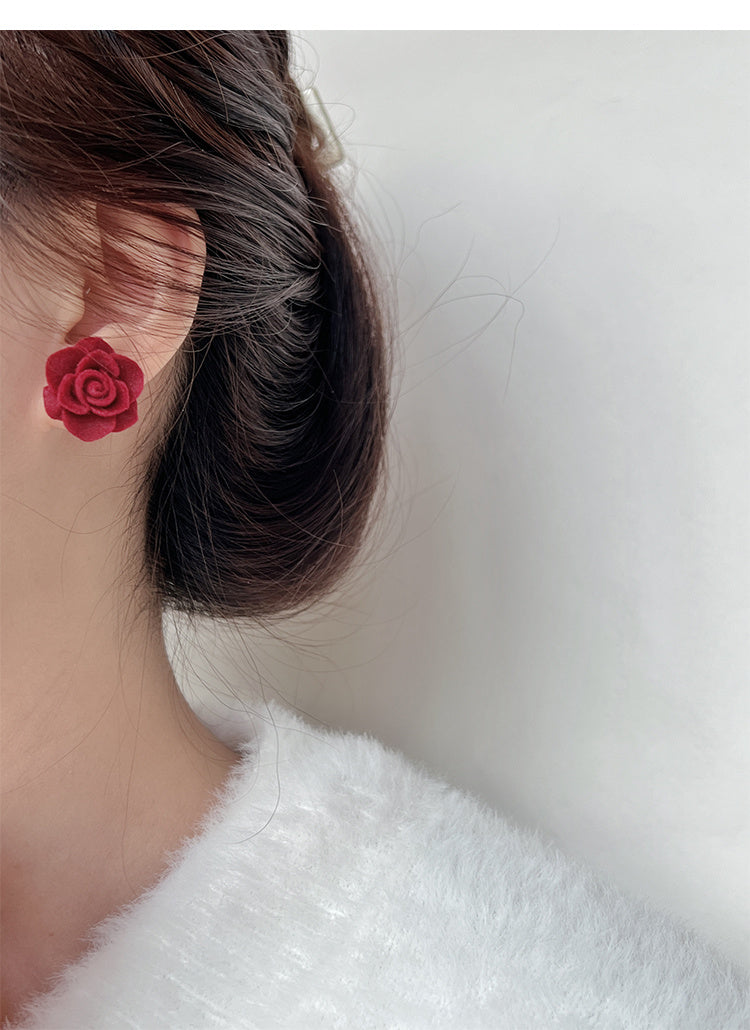 Red Rose Flower Velvet Stud Earrings High-end Retro Ear Decoration Jewelry For Women