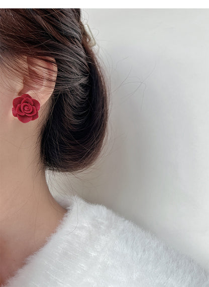 Red Rose Flower Velvet Stud Earrings High-end Retro Ear Decoration Jewelry For Women