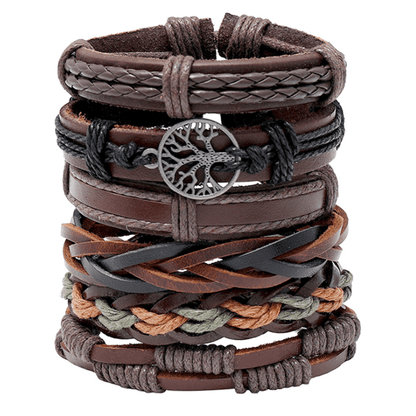 Men's Leather Bracelet Set - 6 Piece Tree of Life Braided Bracelets for Men | Retro Boho Style