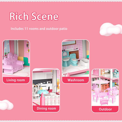 Pink Dollhouse for Girls - 11 Room DIY Pretend Play Toy House with Furniture