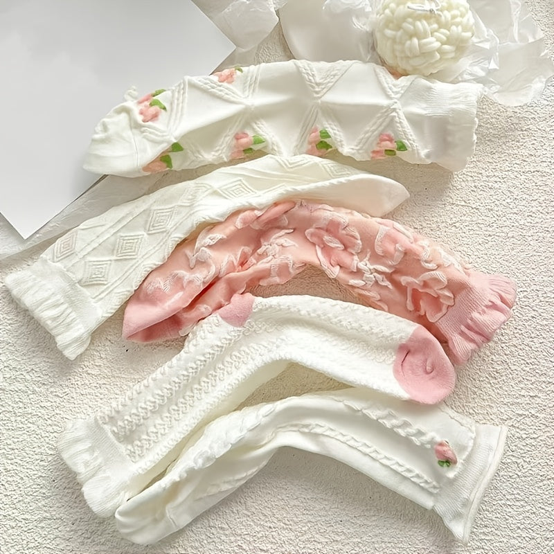 5 Pairs Kawaii Japanese Fashion Socks, Cute Flower Geometric 3D Textured Socks, Women's Stockings & Hosiery