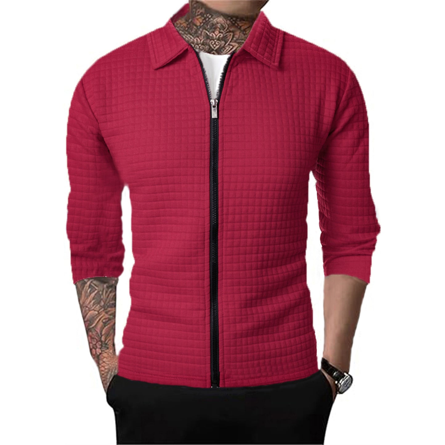 Men's Casual Long-sleeved Lapel Waffle Jacket Cardigan