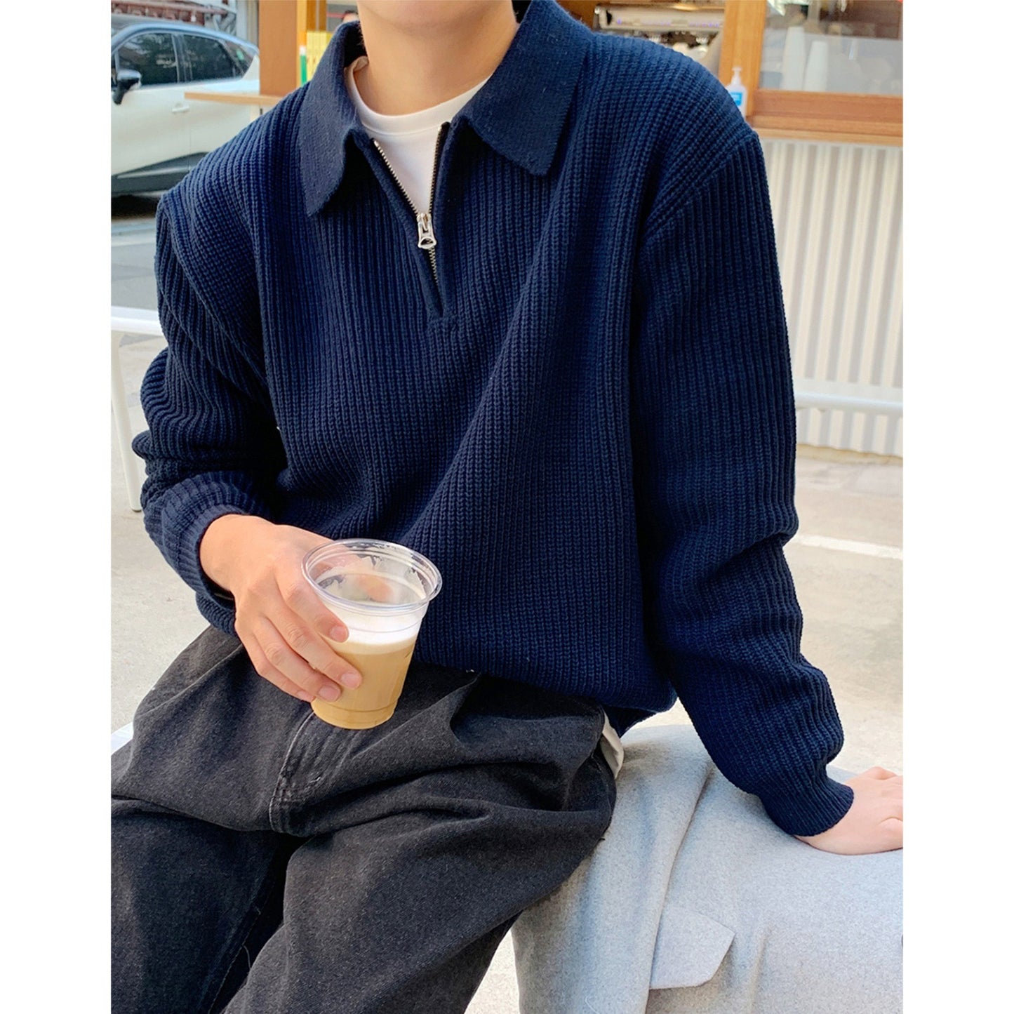 Gray Long-sleeved Knitted POLO Shirt For Men In Autumn