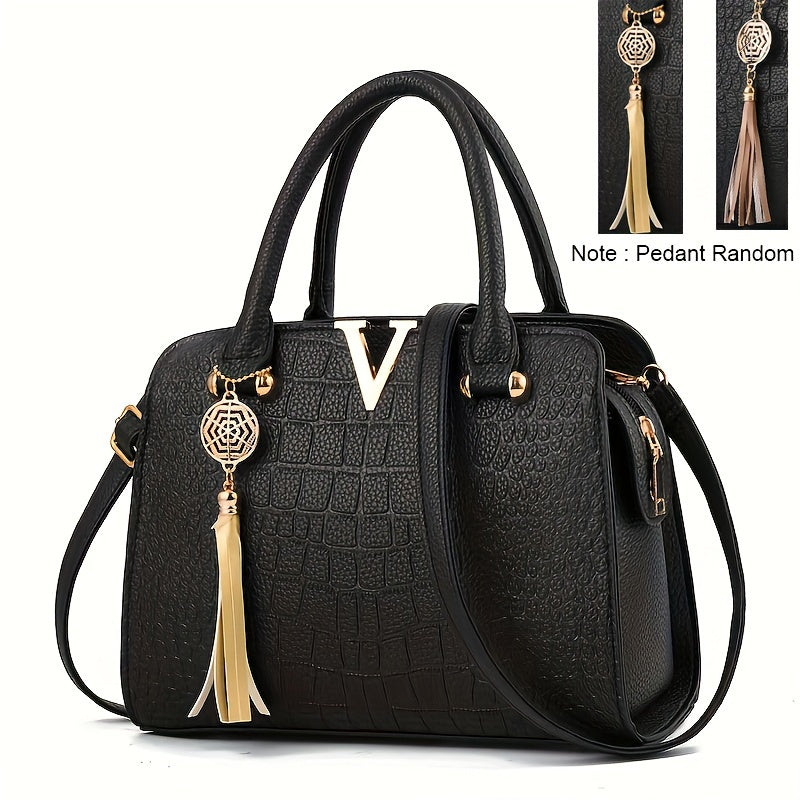 Crocodile Pattern Satchel Bag, Tassel Decor Double Handle Purse, Women's Shoulder Bag For Work