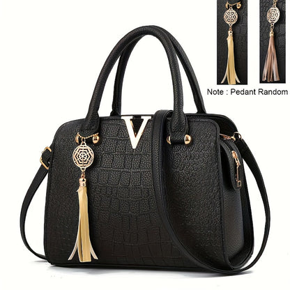 Crocodile Pattern Satchel Bag, Tassel Decor Double Handle Purse, Women's Shoulder Bag For Work