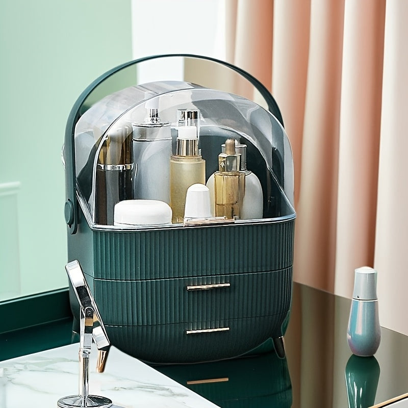 1pc Plastic Cosmetic Storage Box, Lightweight, Tension Mount, Multi-functional with Cover & Drawer, Waterproof & Dust-proof, for Bathroom & Desktop Makeup Organizer