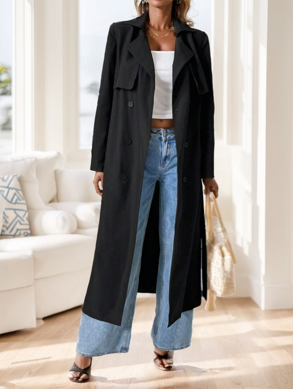 Women's Casual Double-Breasted Mid-Length Trench Coat