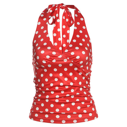 Sexy Black Polka-Dot Printed All-Match Backless V-Neck Halter Neck Bodycon Tank Top