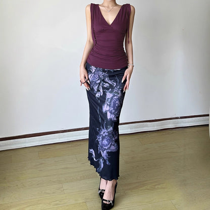 Deep V-neck Strap Pleated Bust Vest Spicy Girl-style Vintage Versatile Figure-hugging Top