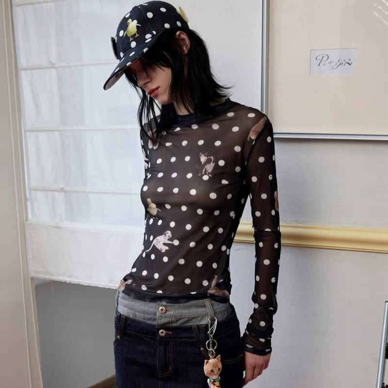 Versatile Animal And PolkaDot Printed Cropped LongSleeve Top With A Defined Waist