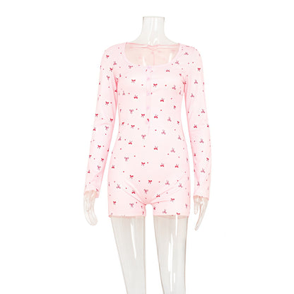 Women's Casual Crew-neck Long-sleeve One-piece Shorts