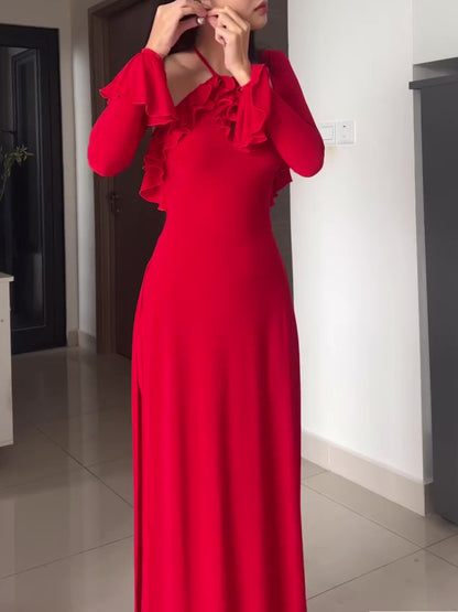 Three-piece Red Ruffled Halterneck Pants Suit