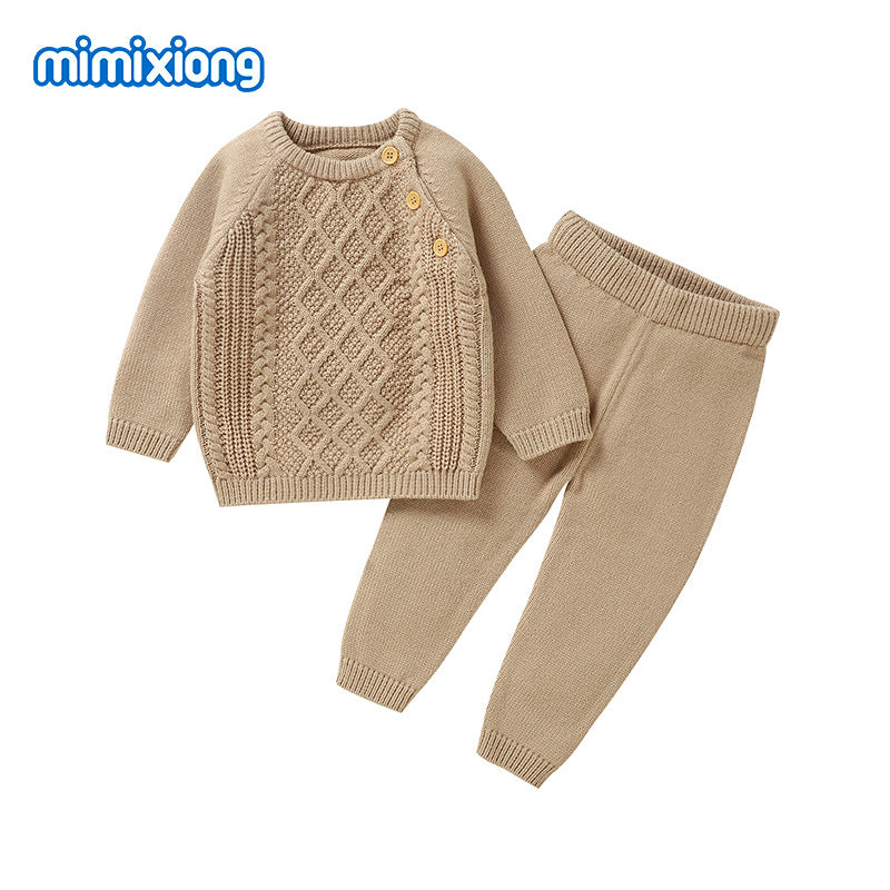 Baby Knitted Solid-Color Diamond-Shape Top Pants Set