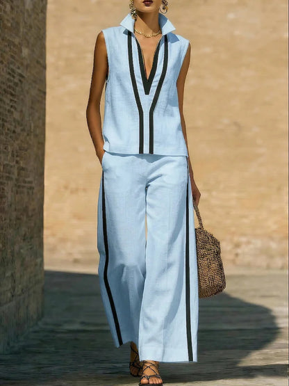 Womens Contrasting-Color Sleeveless Single-Breasted Vest And Drawstring Pants Set
