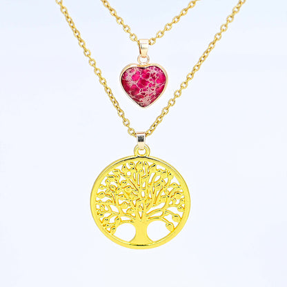 2-layer Red Heart Emperor Stone Life Tree Pendant Necklace