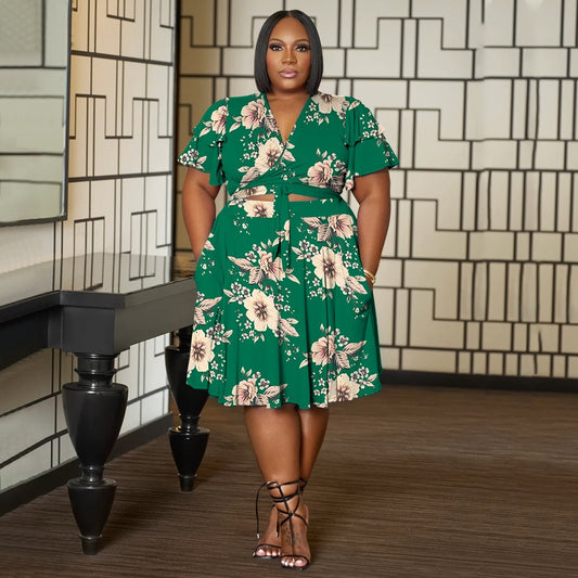 Women's Ruffle-sleeve Lace-up Short Skirt With Pockets And V-neck Plus-size Skirt Set