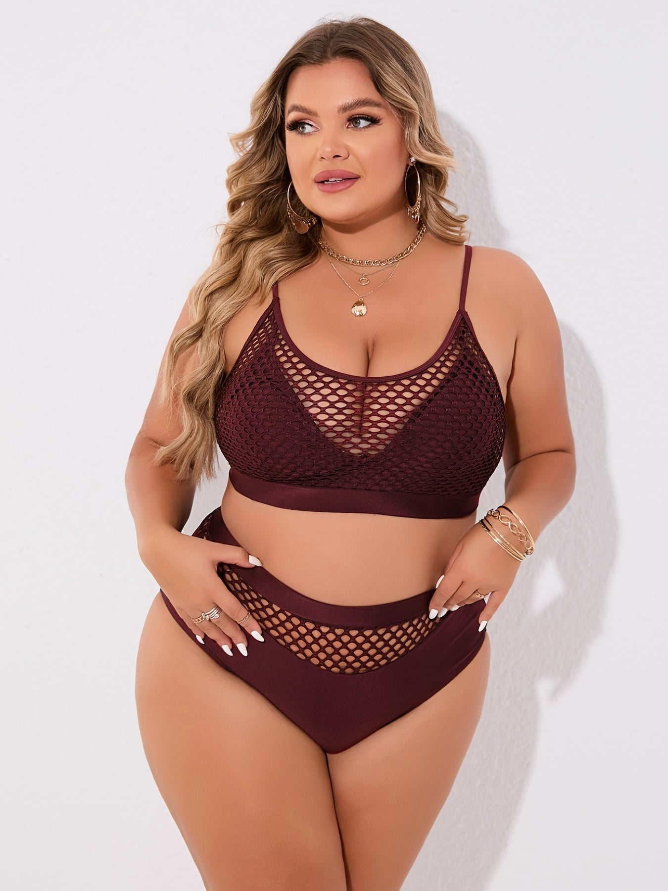 Plus Size Casual Bikini Set, Women's Plus Solid Contrast Fishnet Hollow Out High Stretch Crop Tank Top & Underwear Swimsuit Two Piece Set