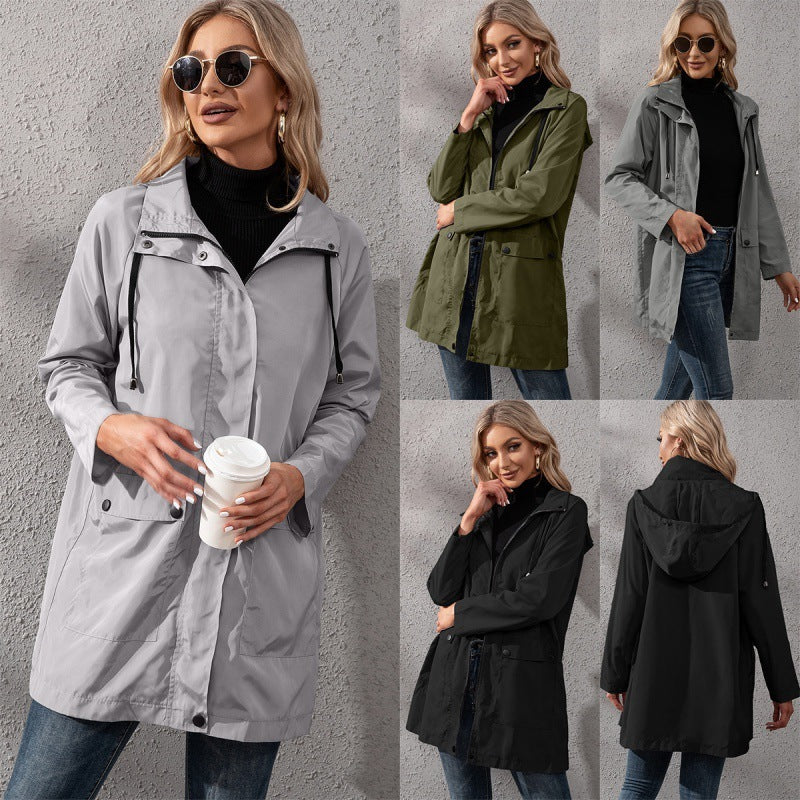 Casual Mid-length Zipper Waterproof Hooded Trench Coat