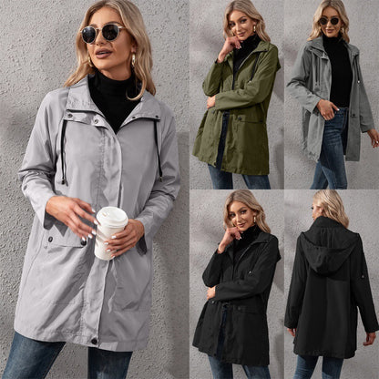 Casual Mid-length Zipper Waterproof Hooded Trench Coat