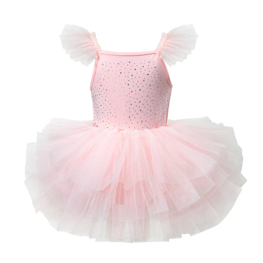 Children's Hot-fix Rhinestone Embroidered Flared-sleeve Ballet Skirt