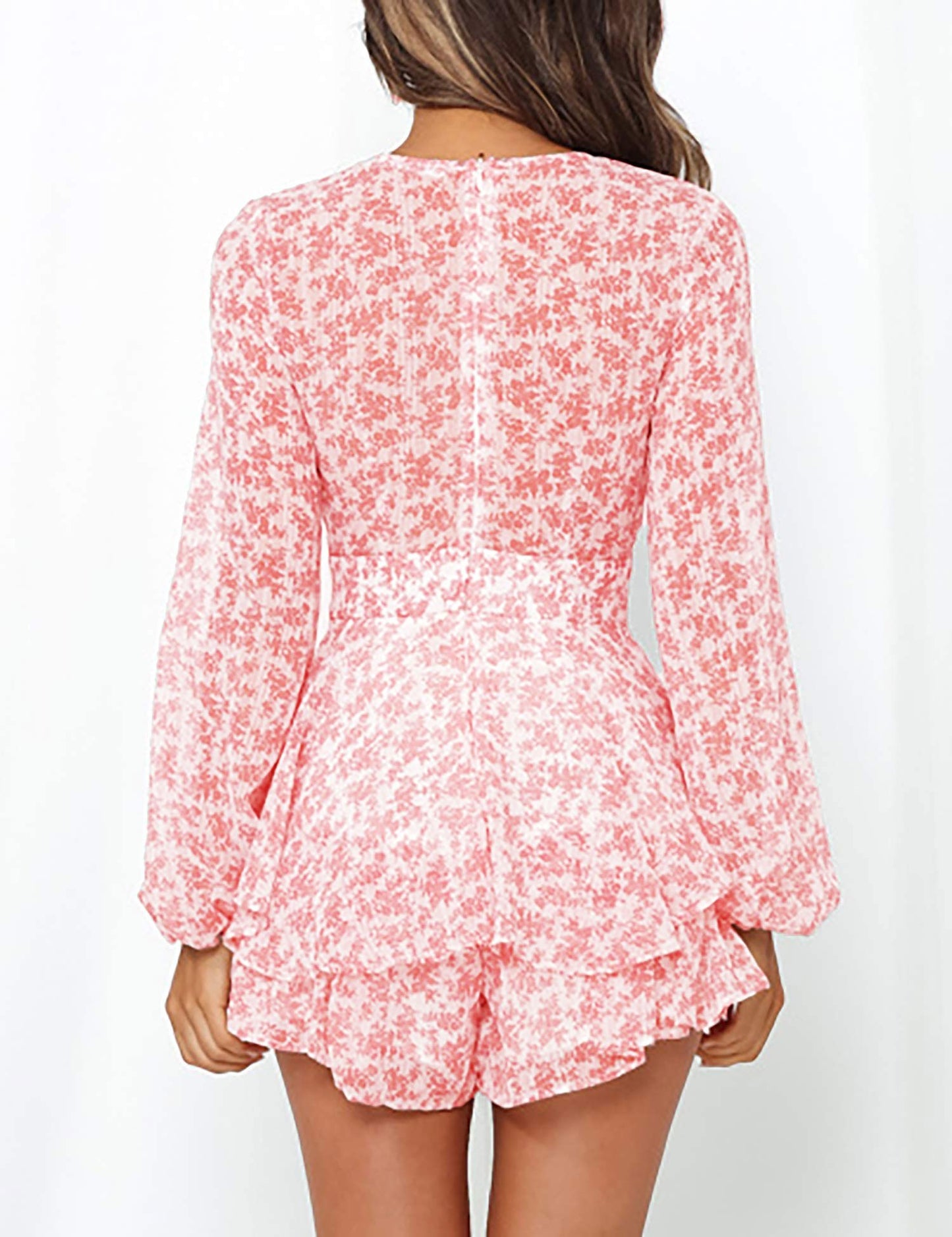 Ladies Polka-dot V-neck Jumpsuits, Long Sleeve Ruffle Hem Romper Playsuit, Casual Every Day Romper, Women's Clothing