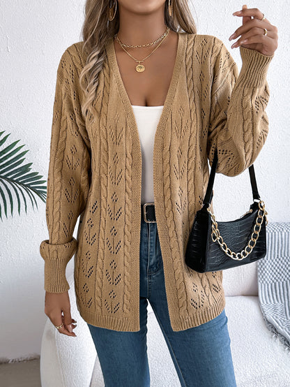 Women Casual Solid Color Hollow Out Long Sleeve Cardigan Sweater Coat
