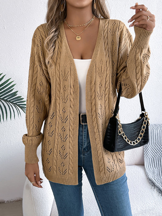 Women Casual Solid Color Hollow Out Long Sleeve Cardigan Sweater Coat