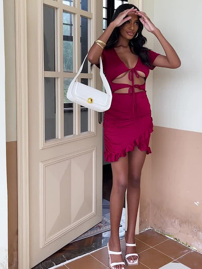 Elegant V-Neck Bodycon Dress for Women, Short Sleeve, Ruffled Hem, High-Elasticity Knit Fabric, Perfect for All Seasons