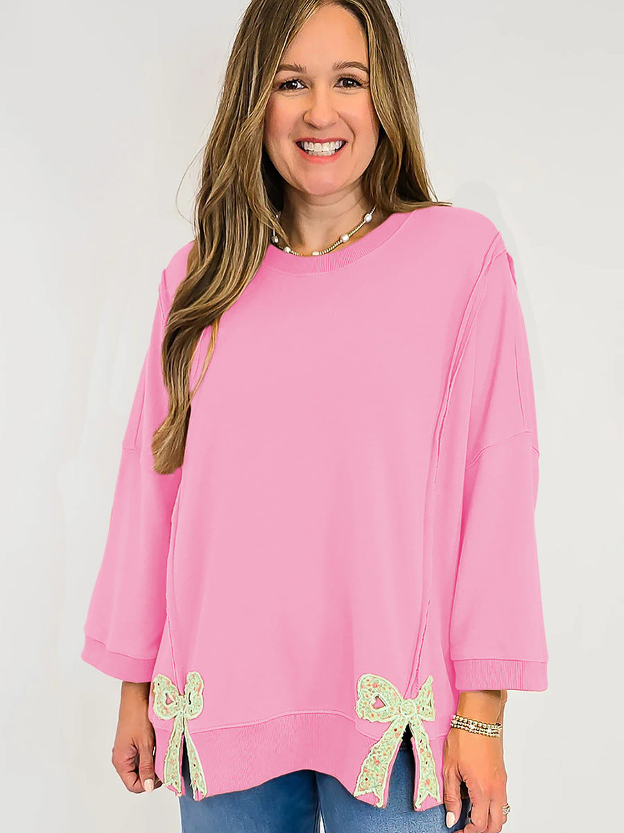 Women's Fashionable, Designer-Style Patchwork Hoodie With Bow-Knot And Crew Neck