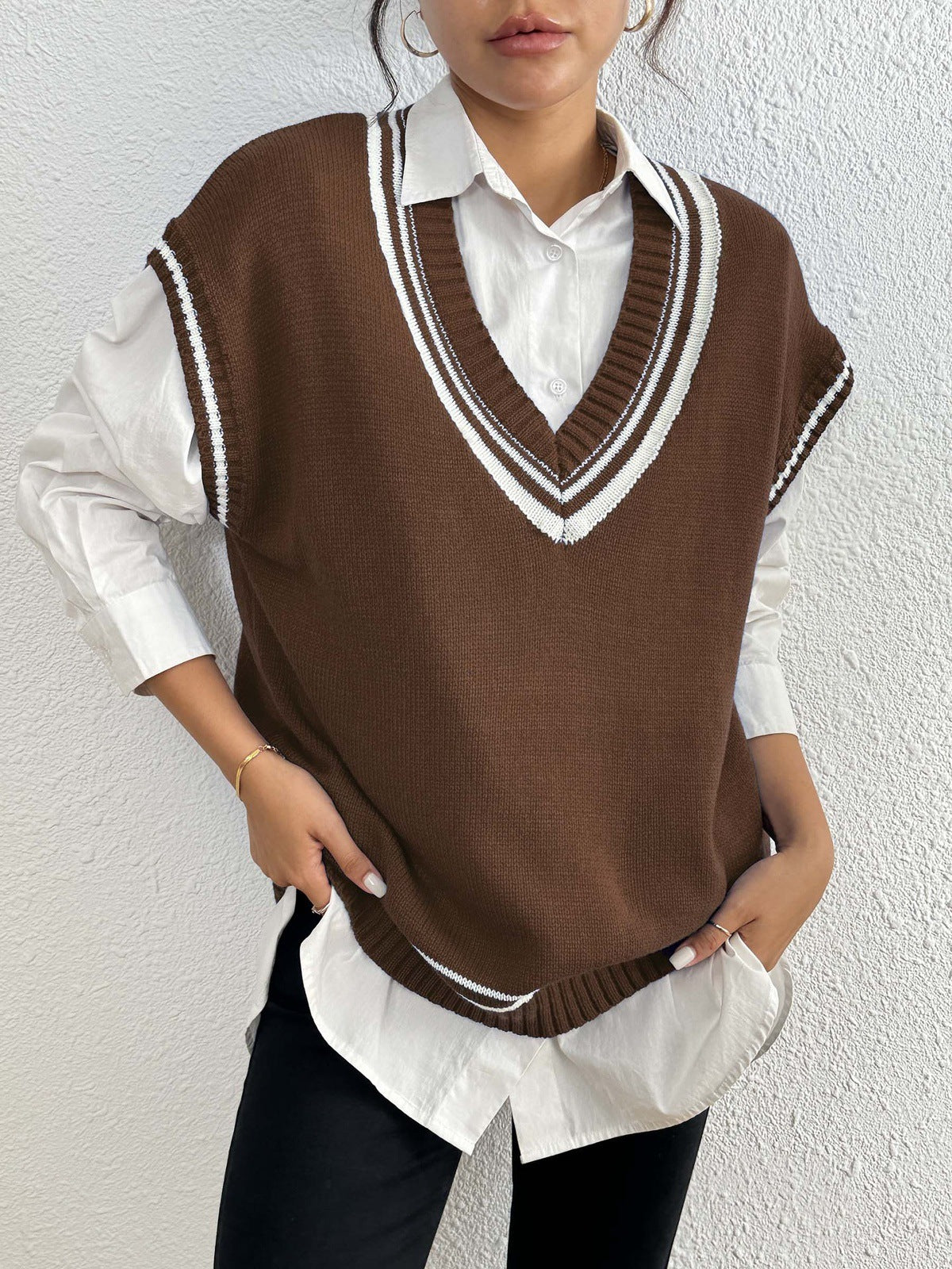 Environment European And American Women's Clothing Color Matching Casual Wool Vest Sweater