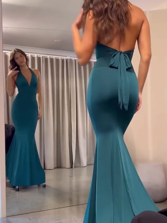 Elegant Halterneck Backless Maxi Dress - Strappy Evening Gown for Weddings & Parties