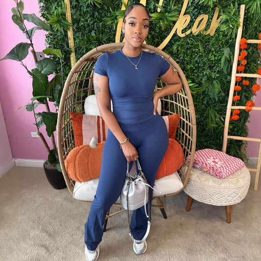 Fashionable Solid-Color Slim-Fit Stretchy Versatile Short-Sleeve Top And Pants Set