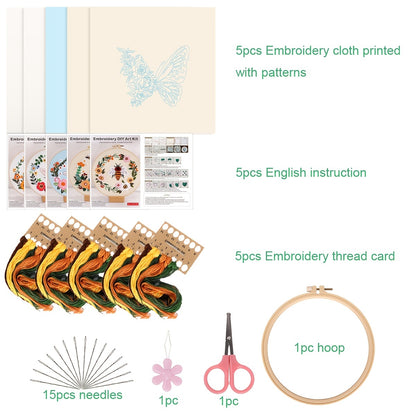 5set Embroidery Kit, Honeybee And Flowers, Include 1 Embroidery Hoop 7.9 Inch