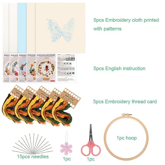 5set Embroidery Kit, Honeybee And Flowers, Include 1 Embroidery Hoop 7.9 Inch