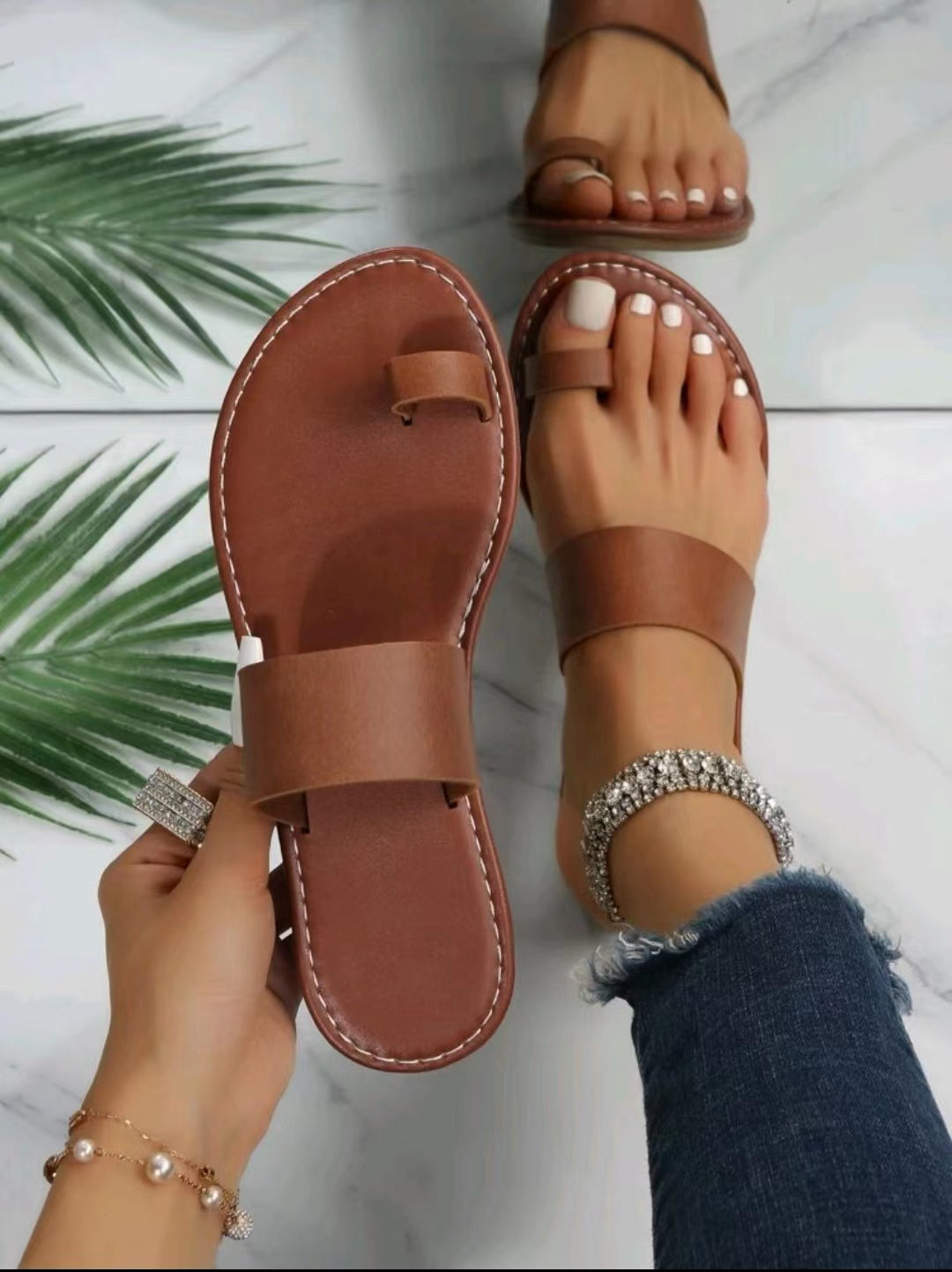 Women's Dark Brown Toe Loop Sandals - Comfortable Flat Slip-On Slides for Indoor & Outdoor Wear