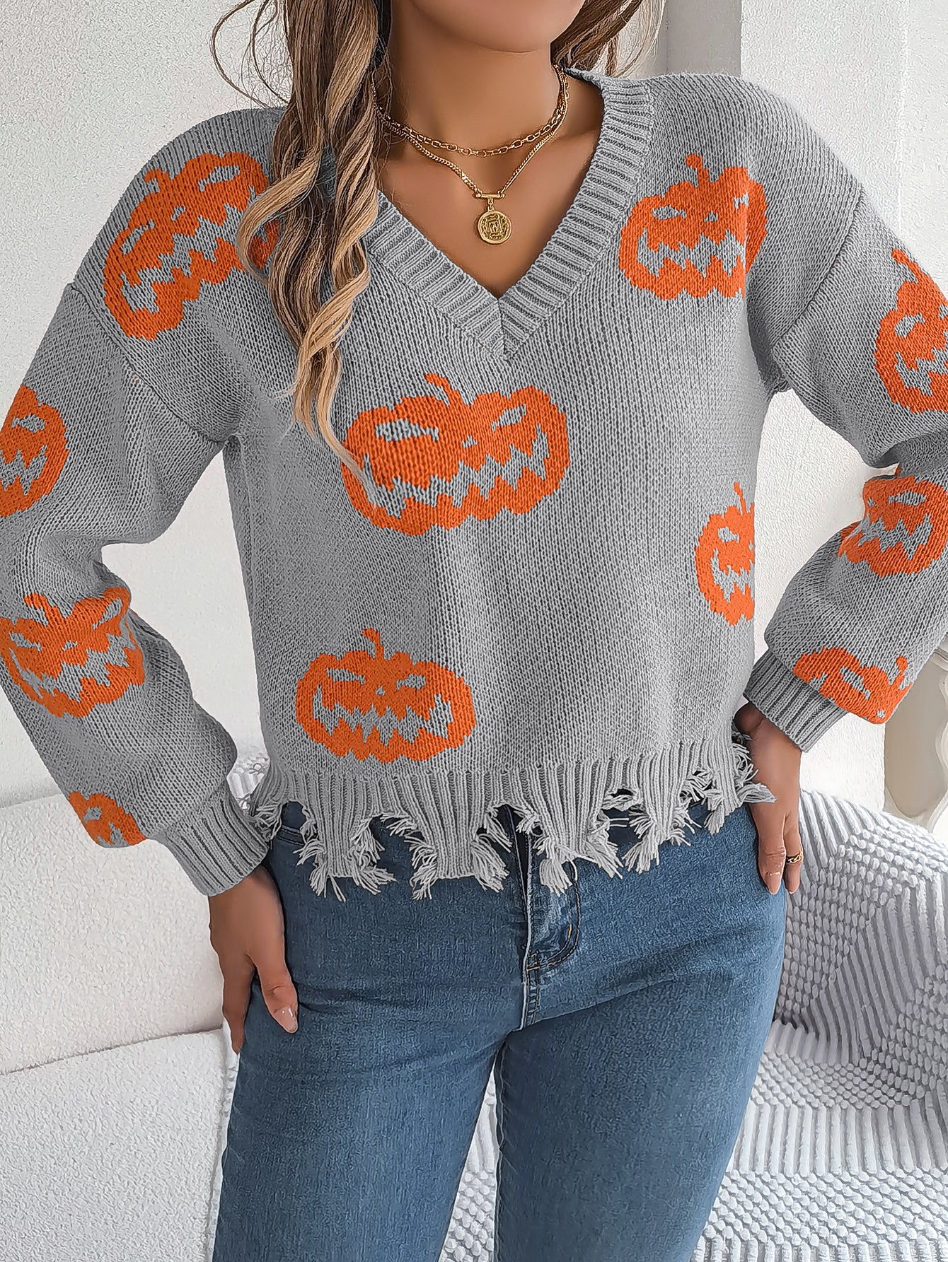 Women Color Block Pumpkin Distressed Long Sleeve Pullover Sweater