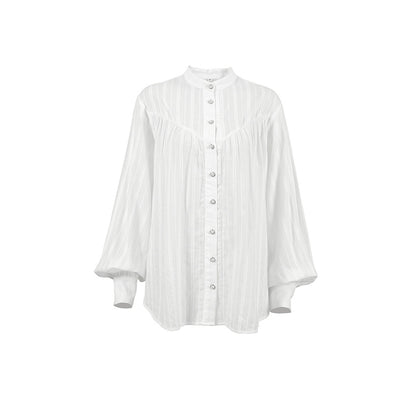 Simple Jacquard Top With A Stand-up Collar And Slightly Puffed Sleeves