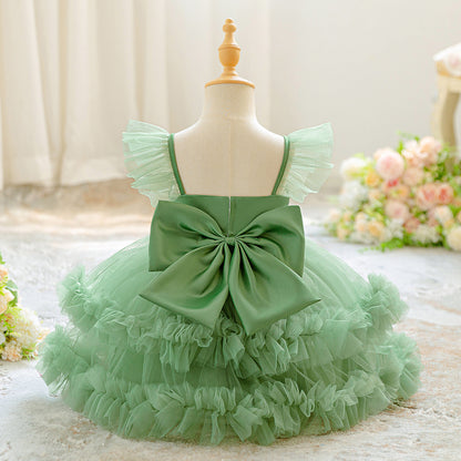 Children's Puff-sleeve Bowknot Tulle Fluffy Tiered Cake Skirt