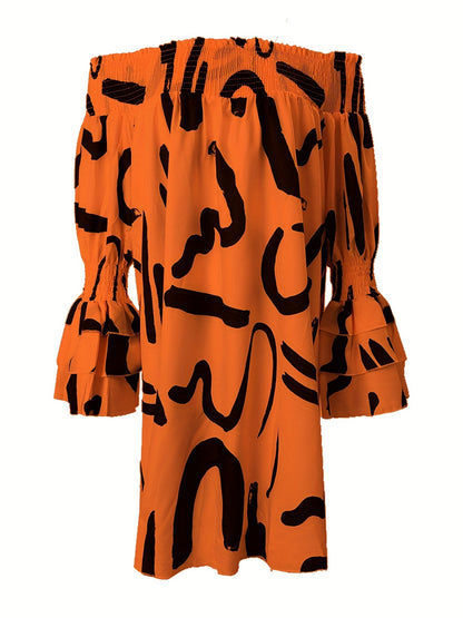 Off Shoulder Letter Print Dress - Casual Long Sleeve Women's Dress | Michan Direct