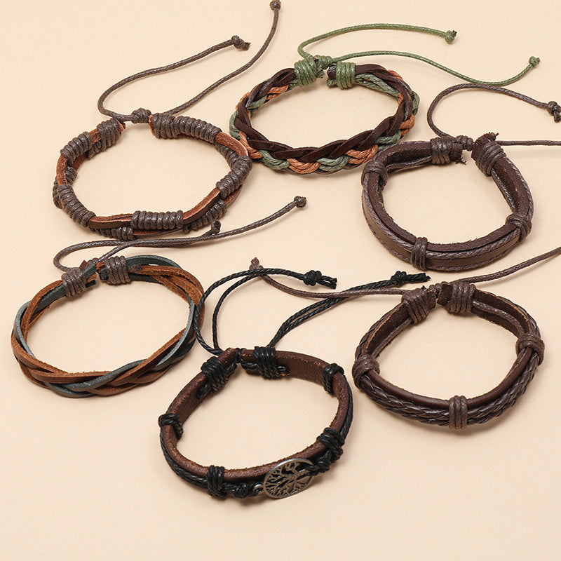 Men's Leather Bracelet Set - 6 Piece Tree of Life Braided Bracelets for Men | Retro Boho Style