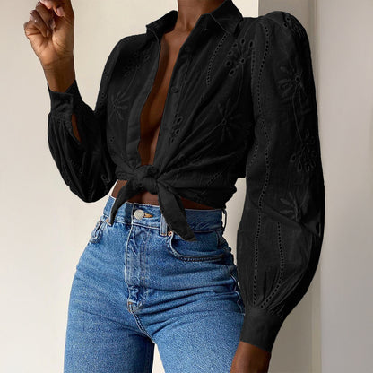 Casual Resort Fashion Hollow-out Long-sleeve Cardigan Blouse