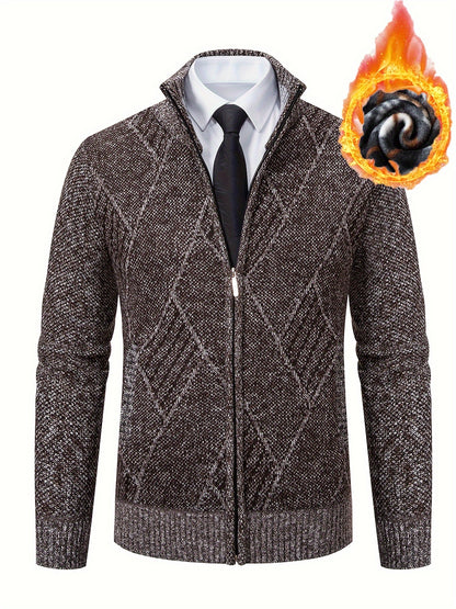 Mens Diamond Plaid Cardigan - Stylish Casual with Refined Stand Collar - Luxuriously Plush & Cozy Warm Knit Zip Up - Eye-Catching Design
