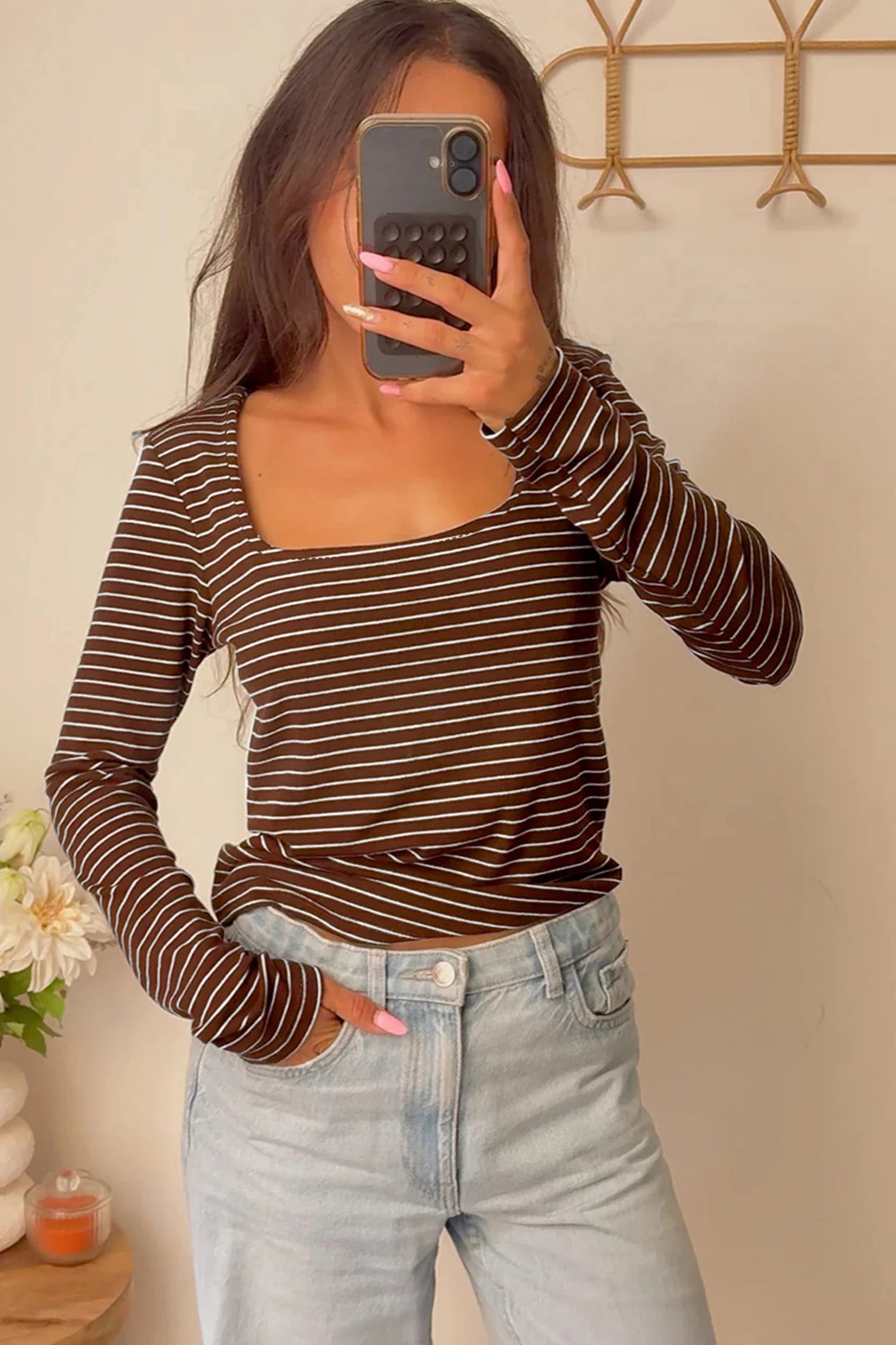 Women's Striped Slim-fit U-neck Long-sleeve Top
