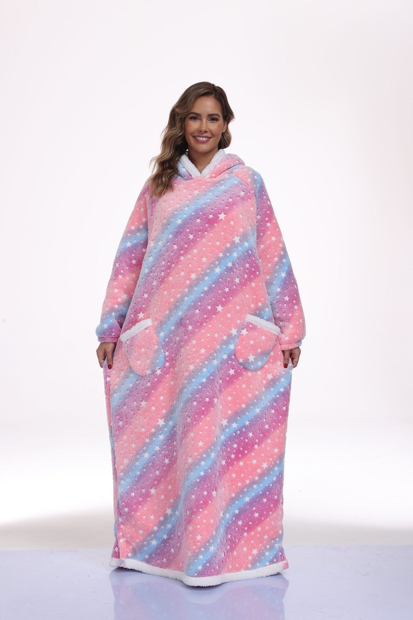 Oversized Wearable Hooded Blanket With Print Glow In The Dark Long Size Sherpa Warm Sweatshirt For Women