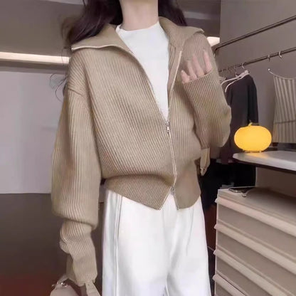 Hong Kong Style Design Double Zipper Knitted Cardigan Fashion Casual Jacket
