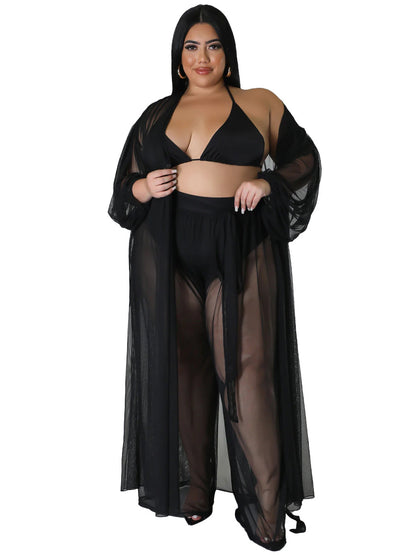 Women's Solid-Color Batwing-Sleeve Sexy Sheer Top And Pants Plus-Size Two-Piece Set